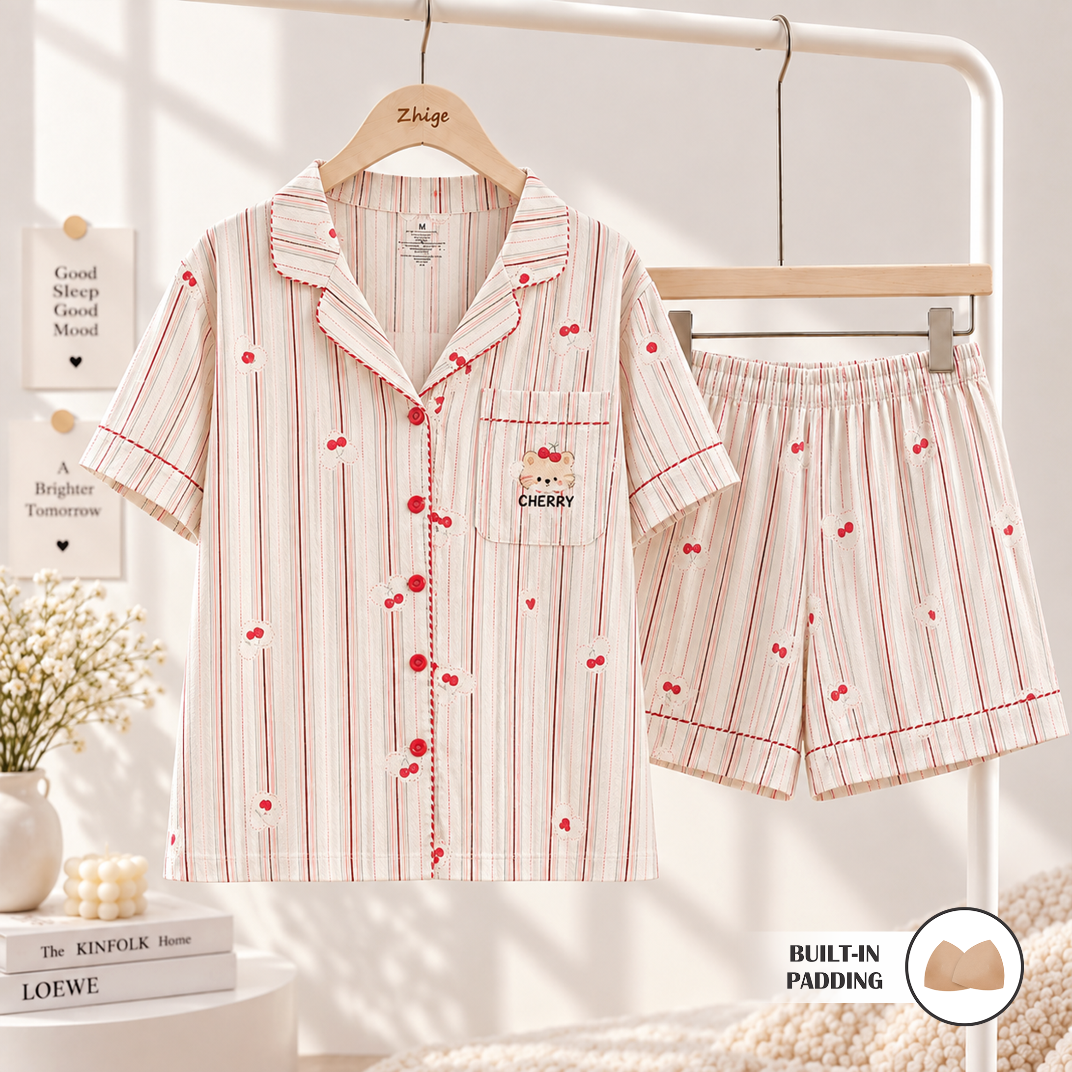 Vanilla Cherry Stripe Padded Nightsuit Set