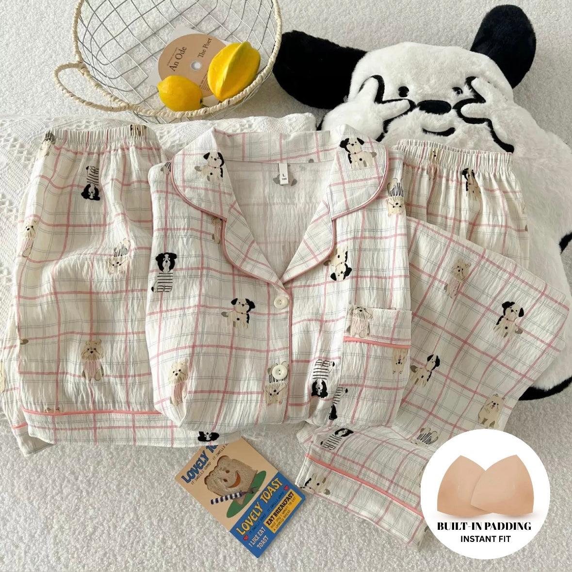 Puppy Patch Windowpane Padded Nightsuit - 3Pc Set
