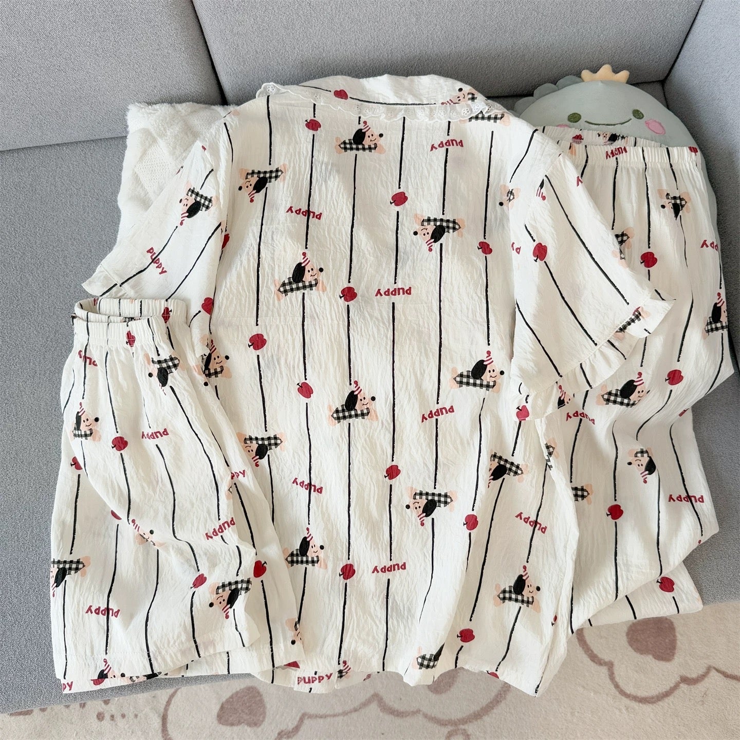 Apple & Pup Striped Padded Nightsuit - 3pc set