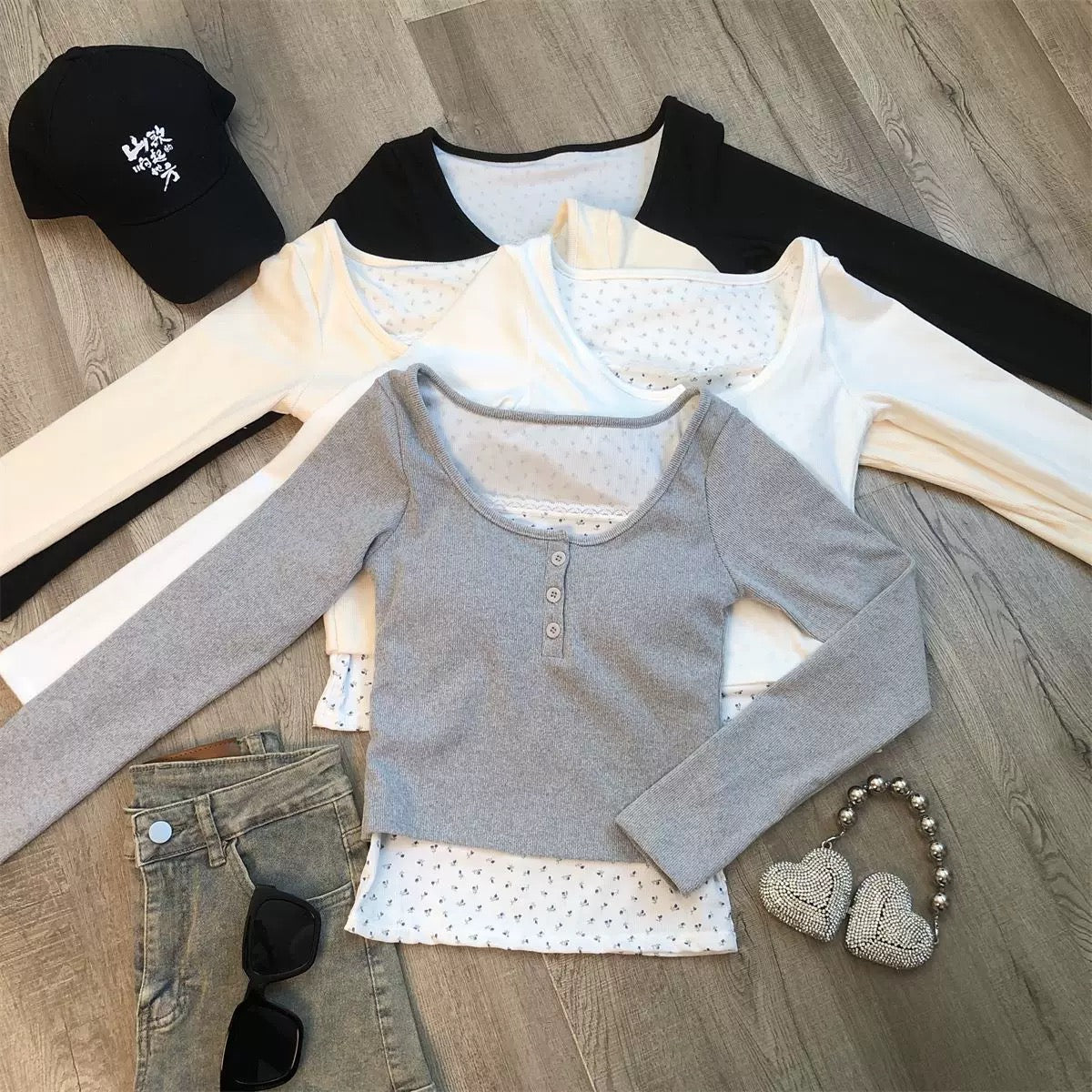 Henley Built-in Bra Full Sleeves Top