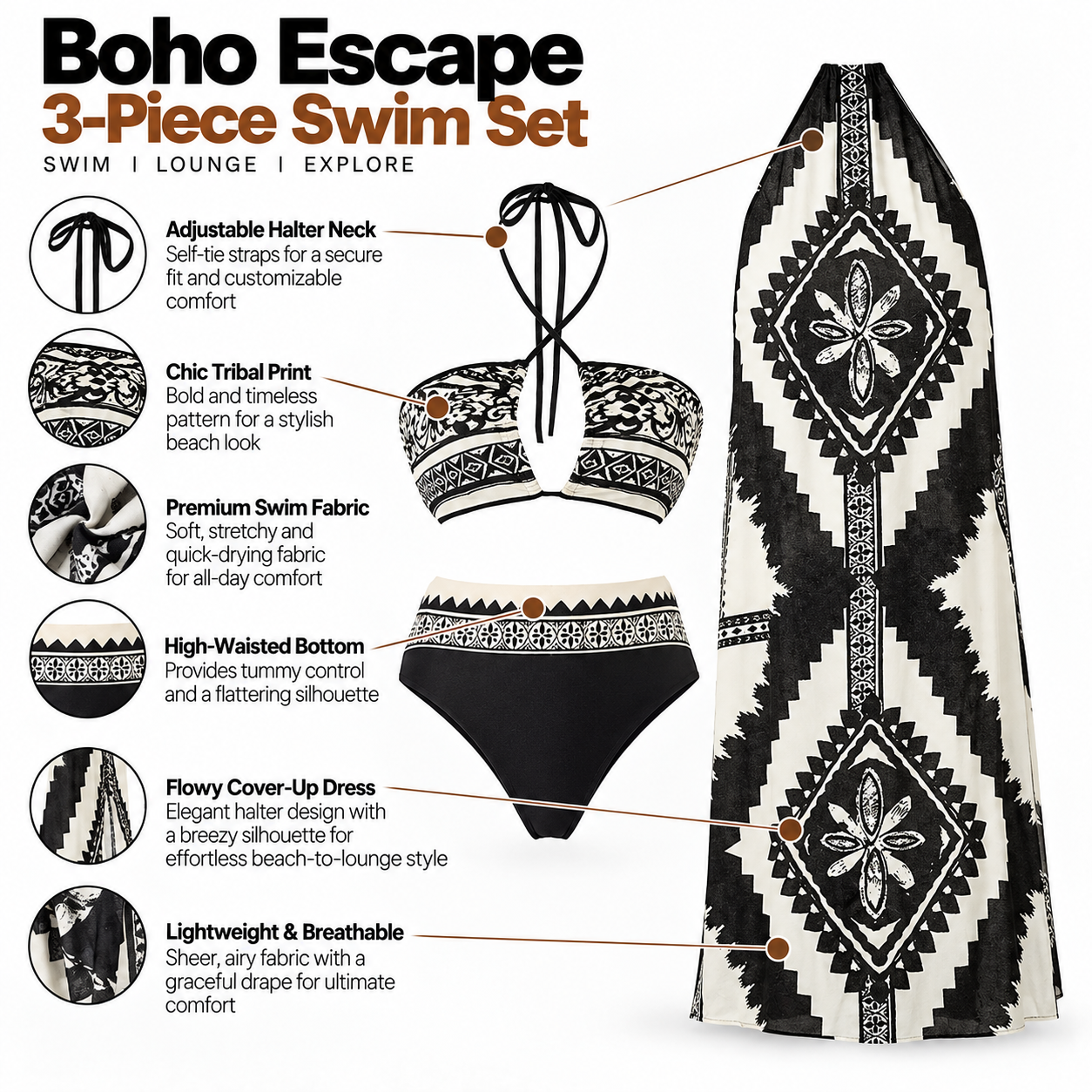 Tribal Halter Bikini Set with Printed Cover-Up