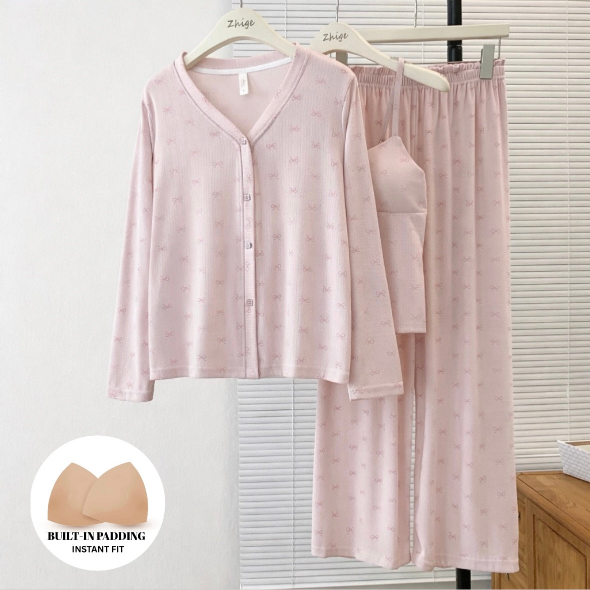 Cloudkiss Bow Padded Nightsuit - 3Pc Set