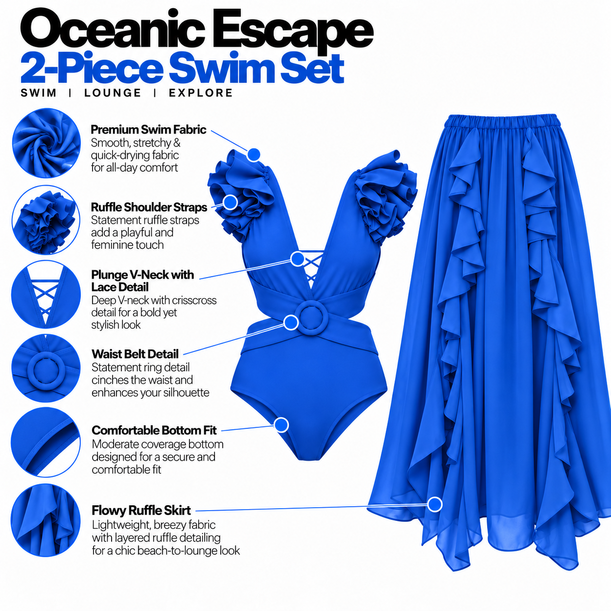 Royal Blue Bikini With Ruffle Skirt