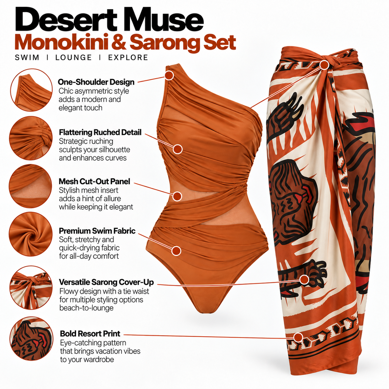 Rust One-Shoulder Monokini & Wrap Skirt Set