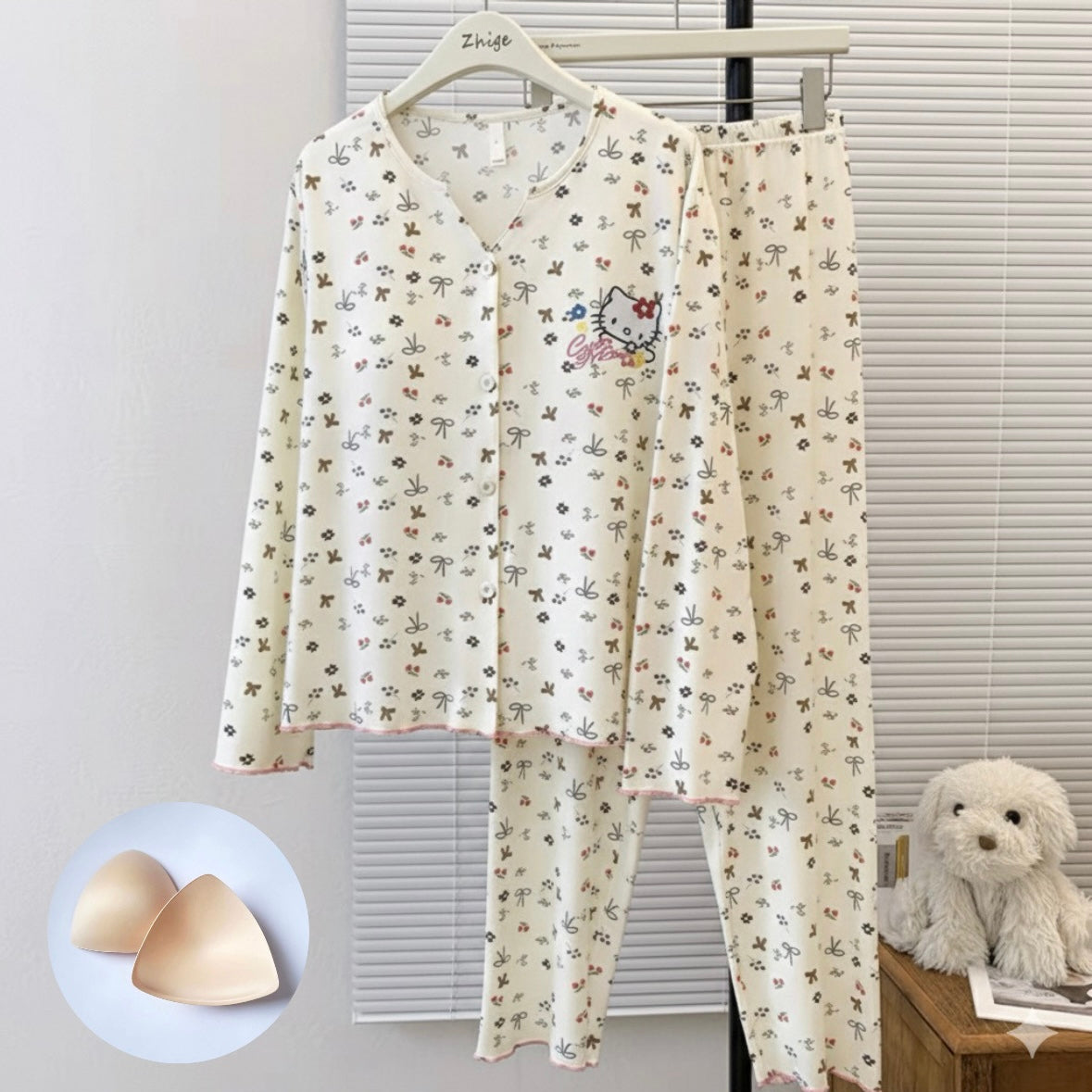 Cute Kitty Bow Padded Nightsuit Set