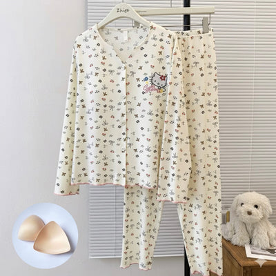 Cute Kitty Bow Padded Nightsuit Set