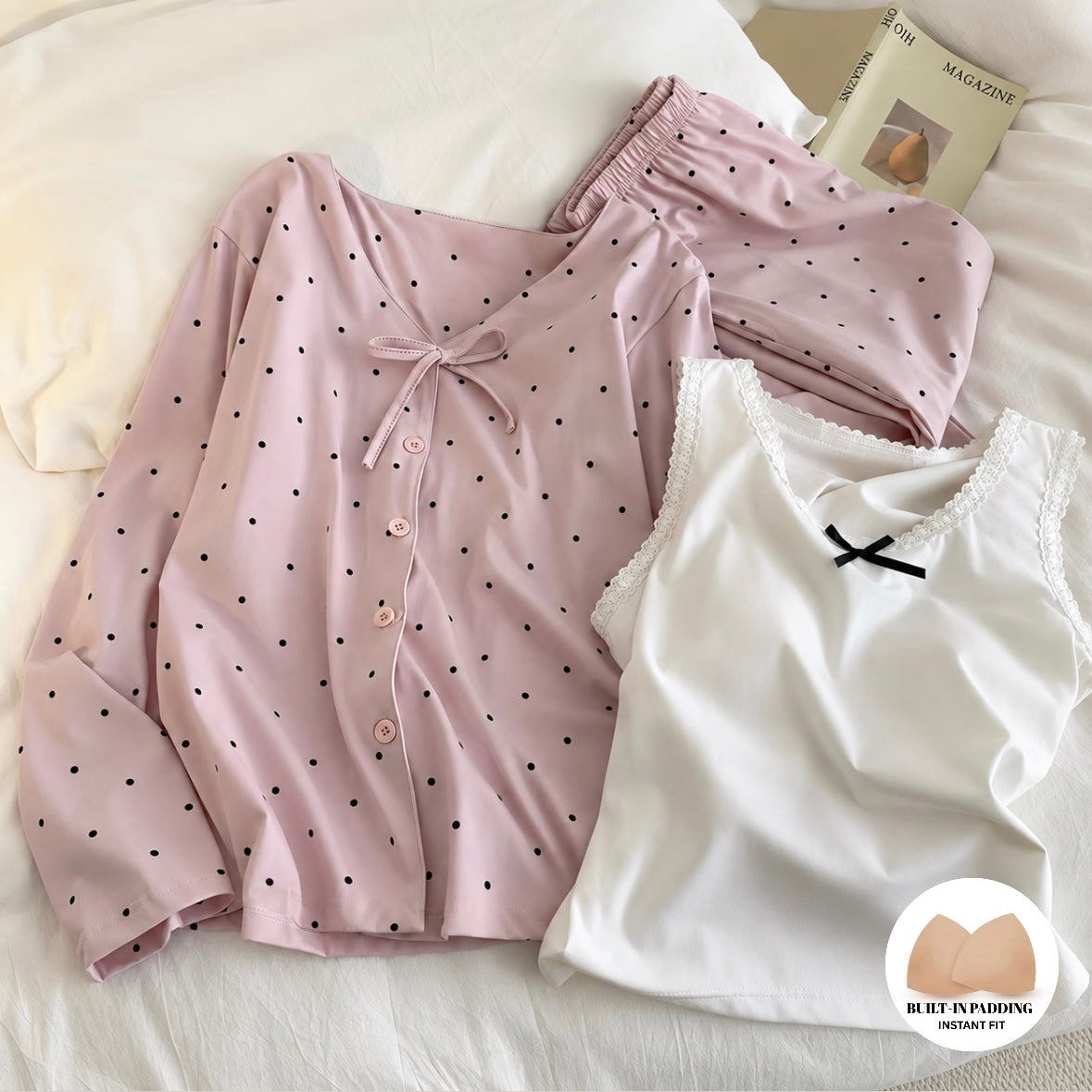Pink Polka Bliss Padded Nightsuit- 3pc Set