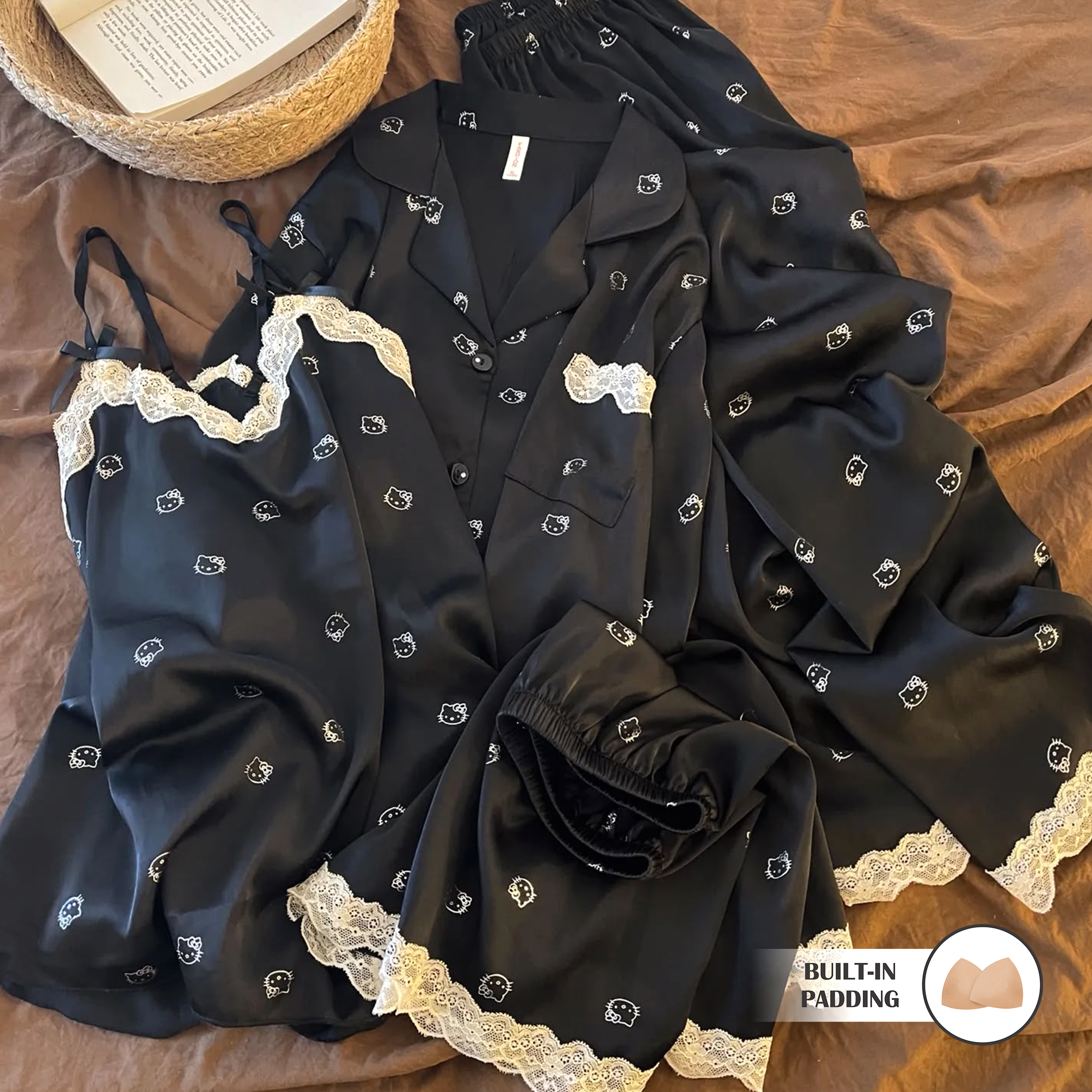Black Cat Satin Padded Nightsuit - 4pc Set