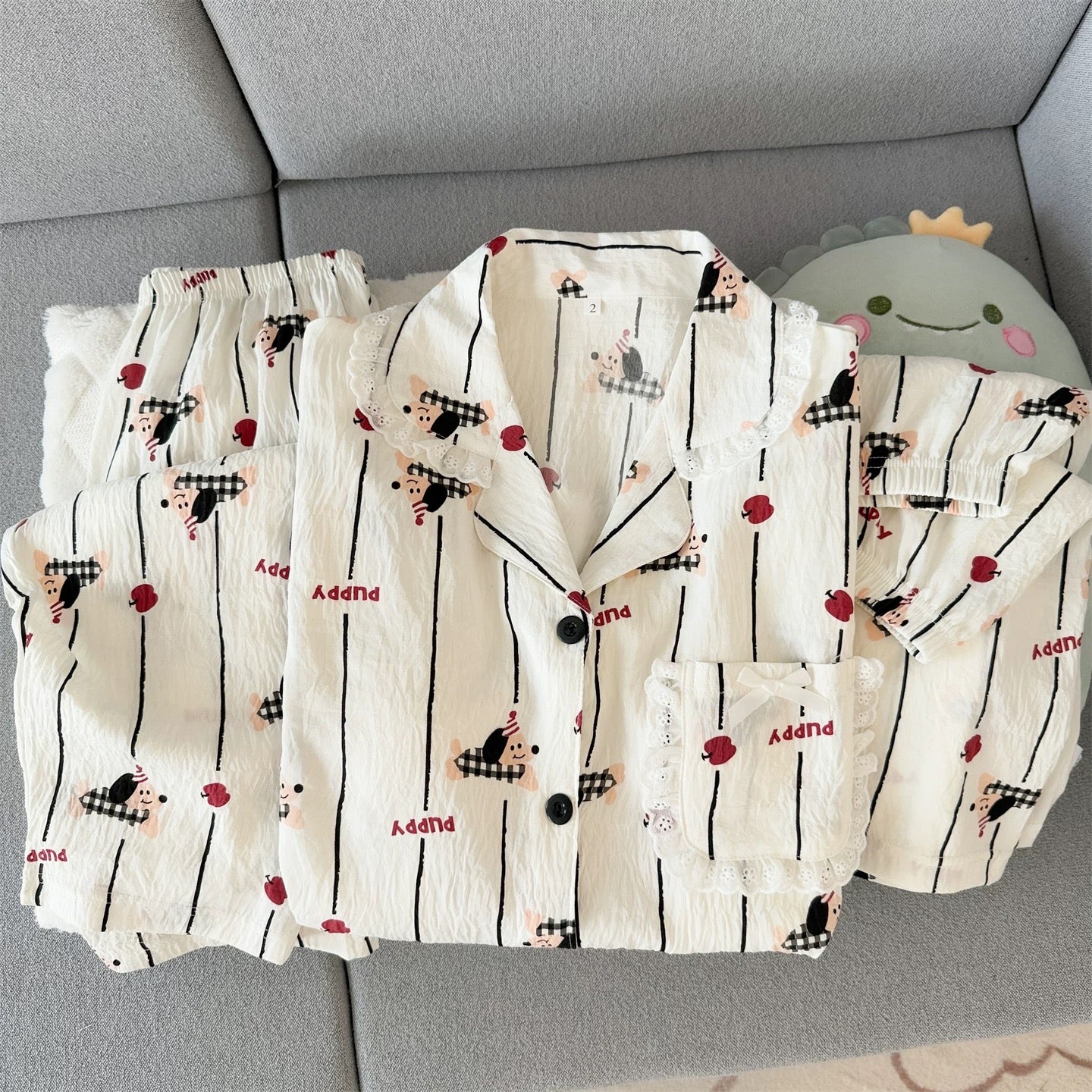 Apple & Pup Striped Padded Nightsuit - 3pc set