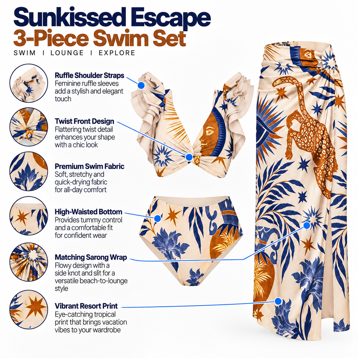 Sun & Stars Ruffle Bikini with Sarong Set