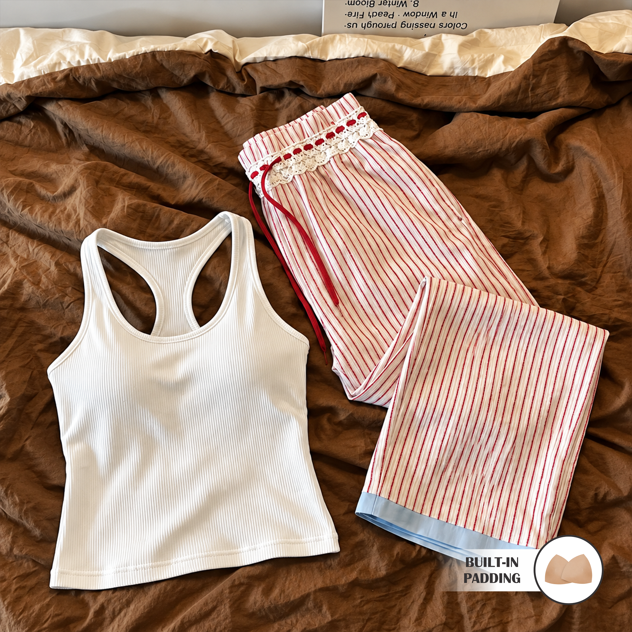 Blush Stripe Lace-Trim Padded Lounge Set