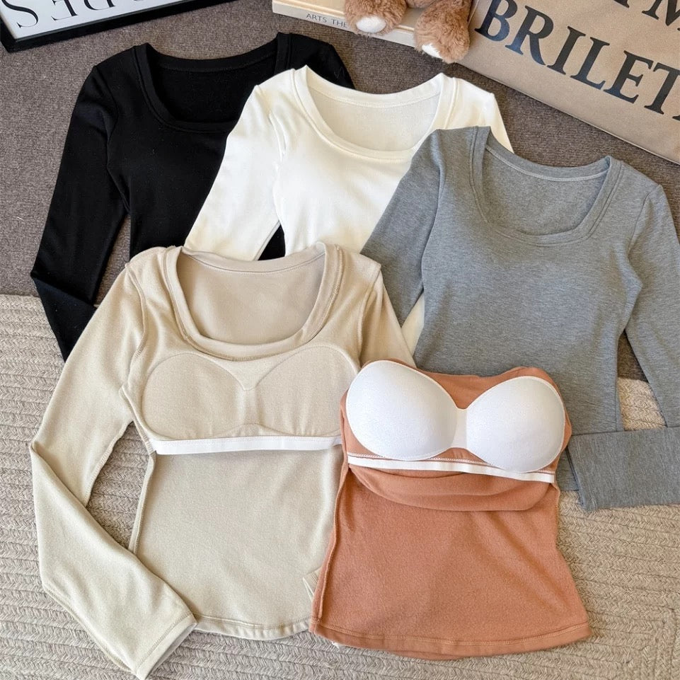 Square Neck Built-in Bra Full Sleeves Top