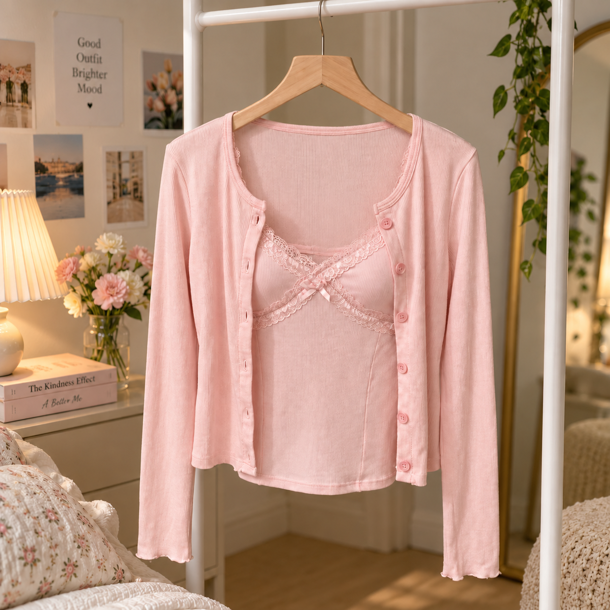 Sweetheart Lace Trim Built-in Cami With Cardigan