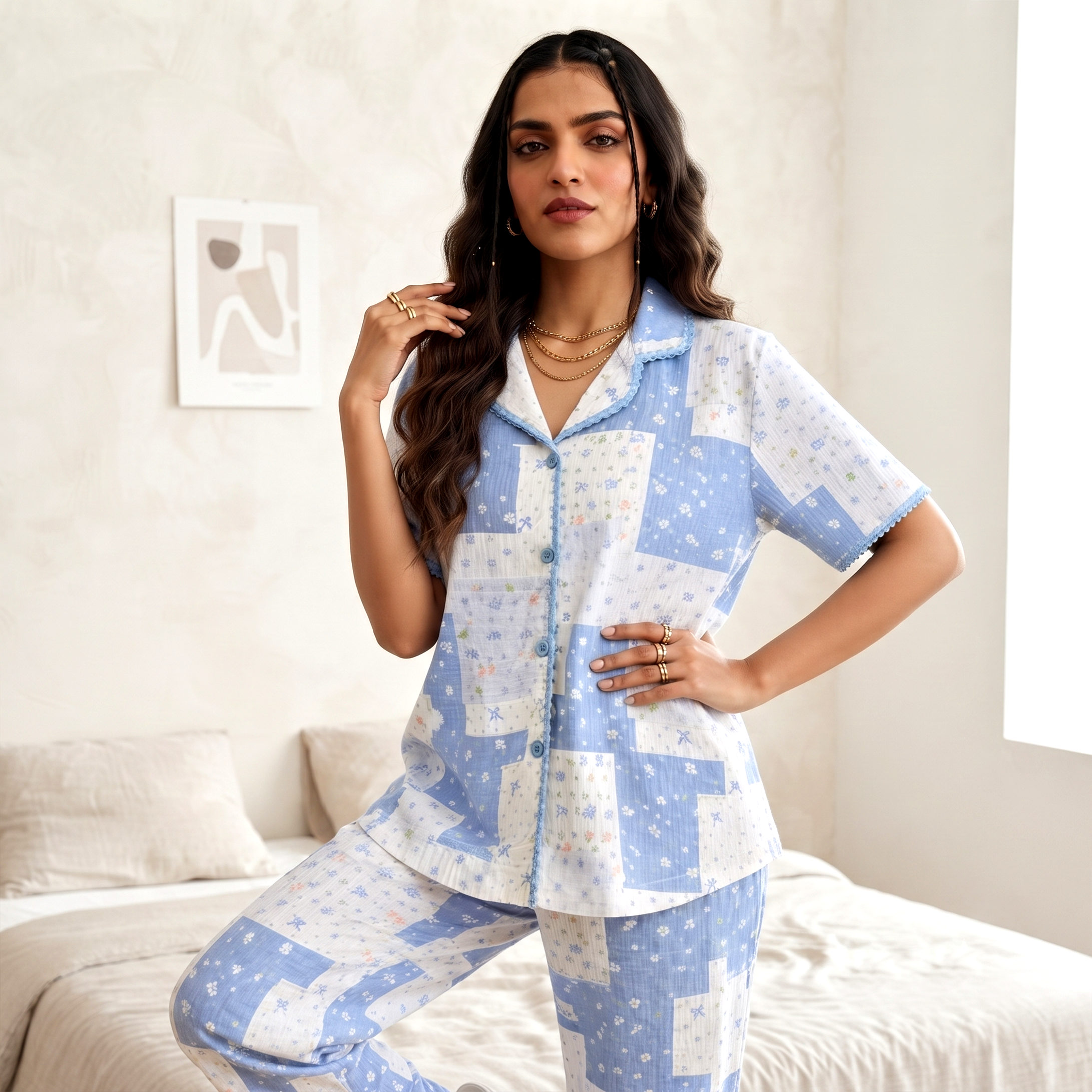 Petals & Box Padded Nightsuit -3pc set