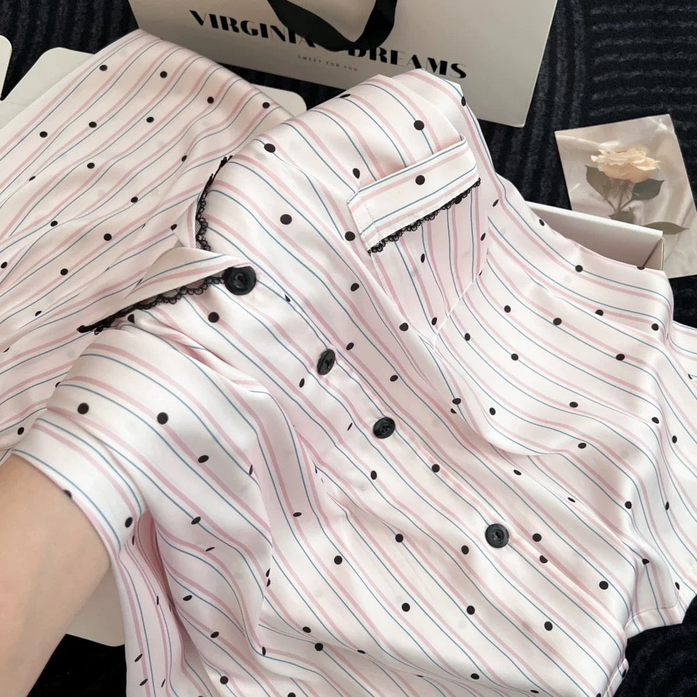 Tailored Stripe & Dot Satin Padded Nightsuit - 3pc Set