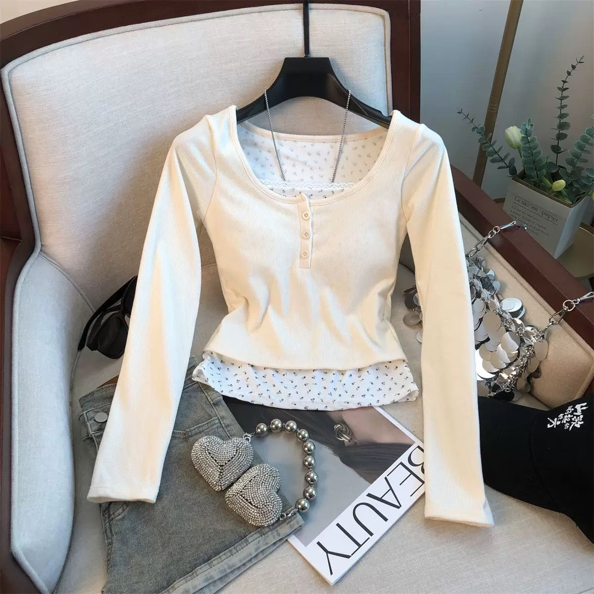 Henley Built-in Bra Full Sleeves Top