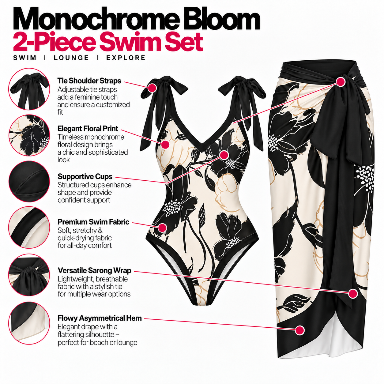 Floral Knot Shoulder Bikini And Sarong Set