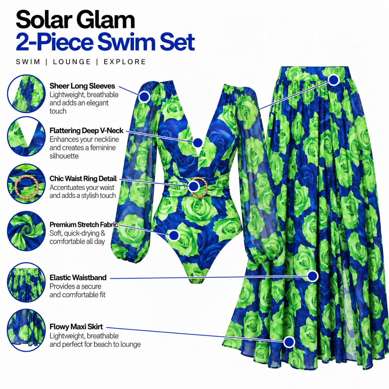 Green Rose Monokini With Skirt Set