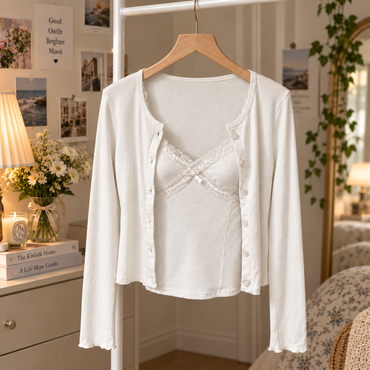 Sweetheart Lace Trim Built-in Cami With Cardigan