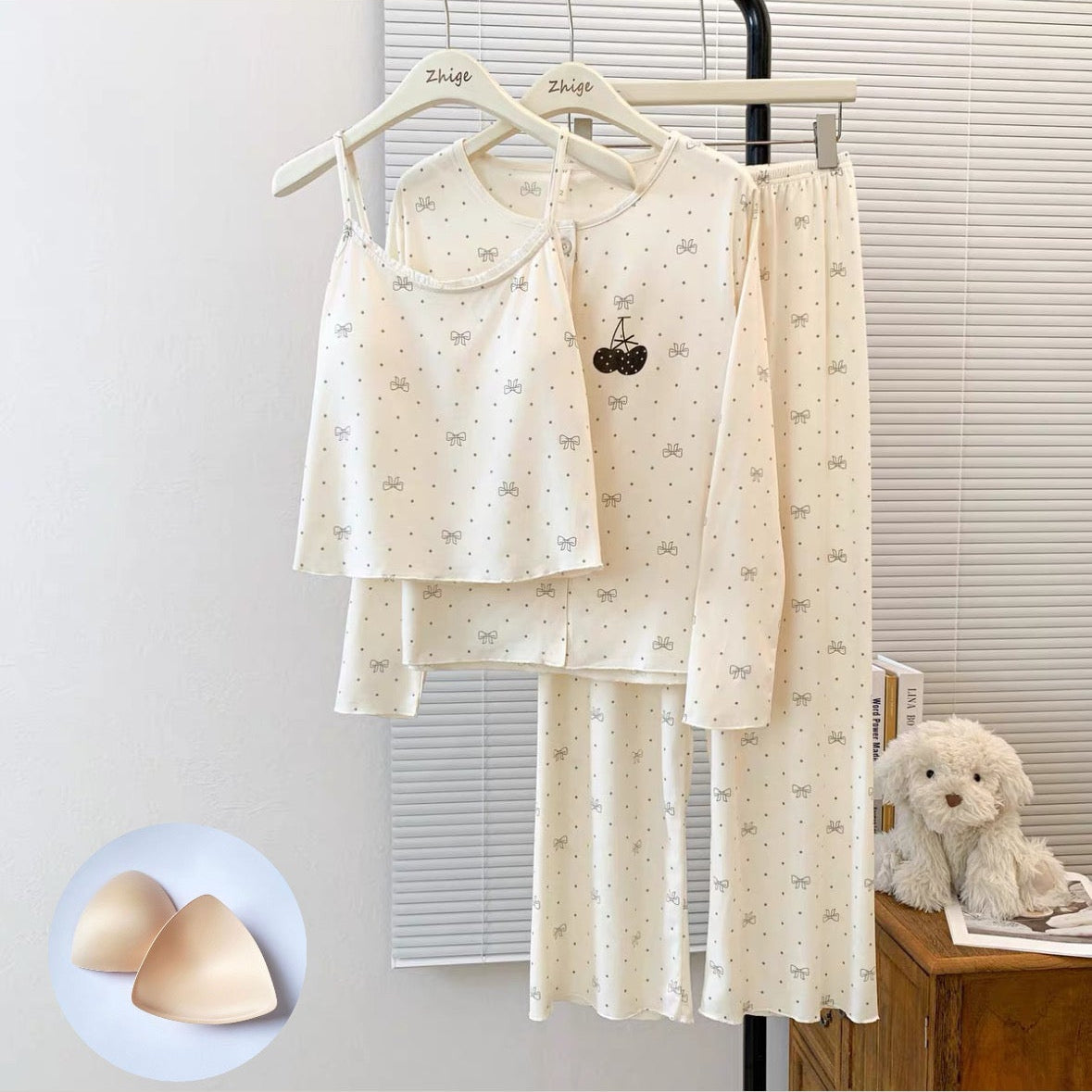 Soft Vanilla Bow Padded Nightsuit - 3pc Set