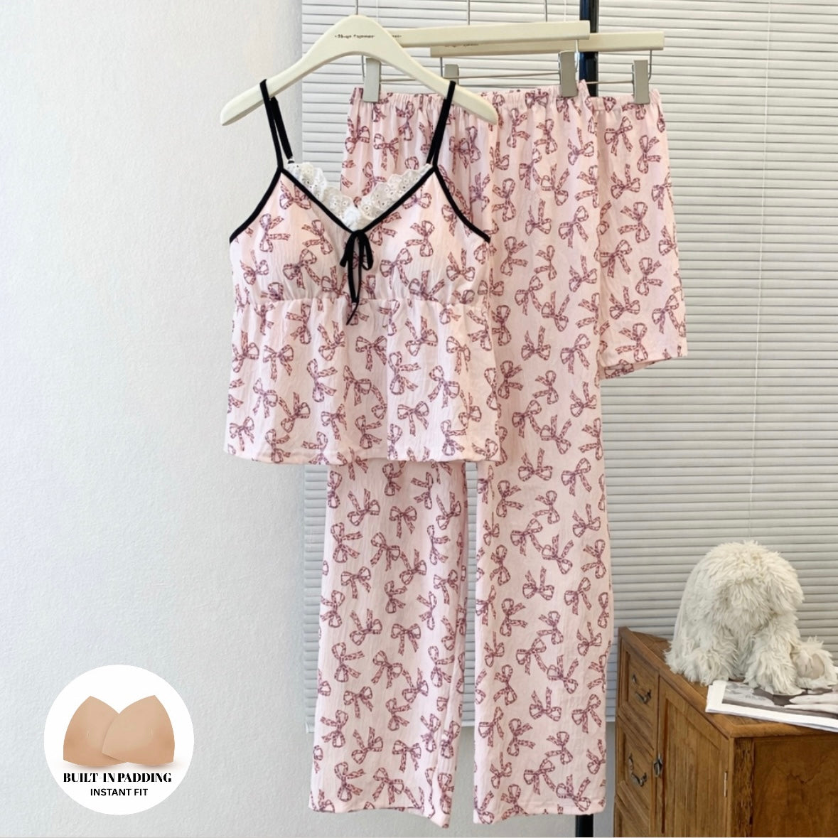 Bow Ribbon Lace Padded Nightsuit -3pc Set