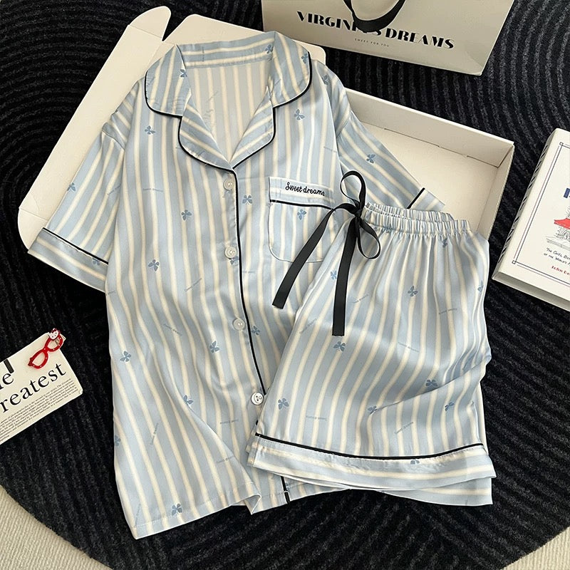 Tailored Stripe & Dot Satin Padded Nightsuit - 3pc Set