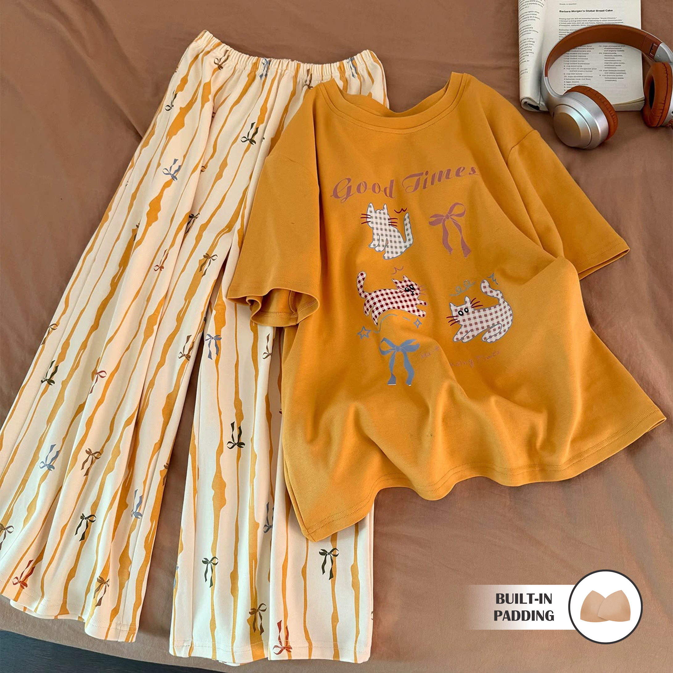 Mustard Meow Padded Nightsuit Set