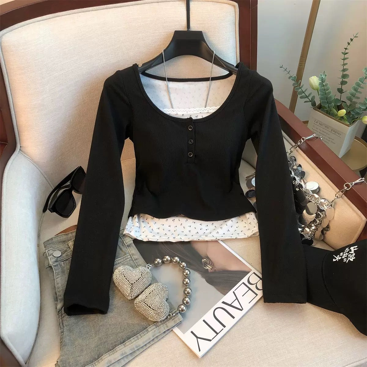 Henley Built-in Bra Full Sleeves Top