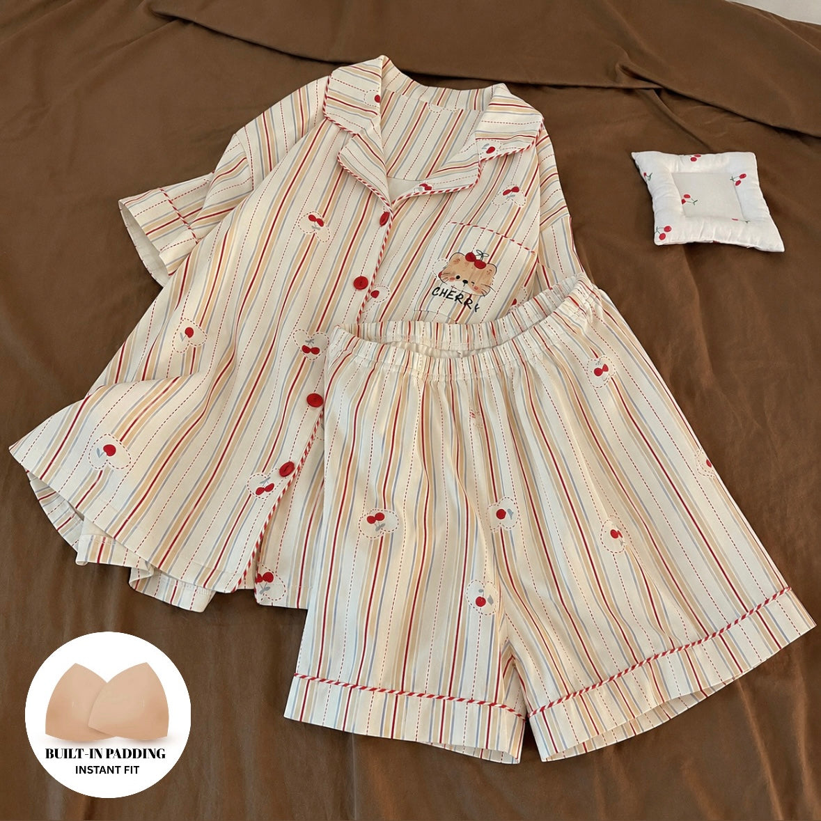 Vanilla Cherry Stripe Padded Nightsuit Set