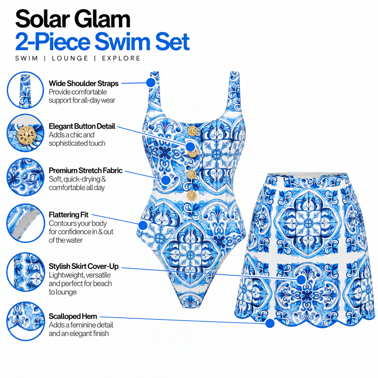 Blue Mosaic Monokini With Skirt Set
