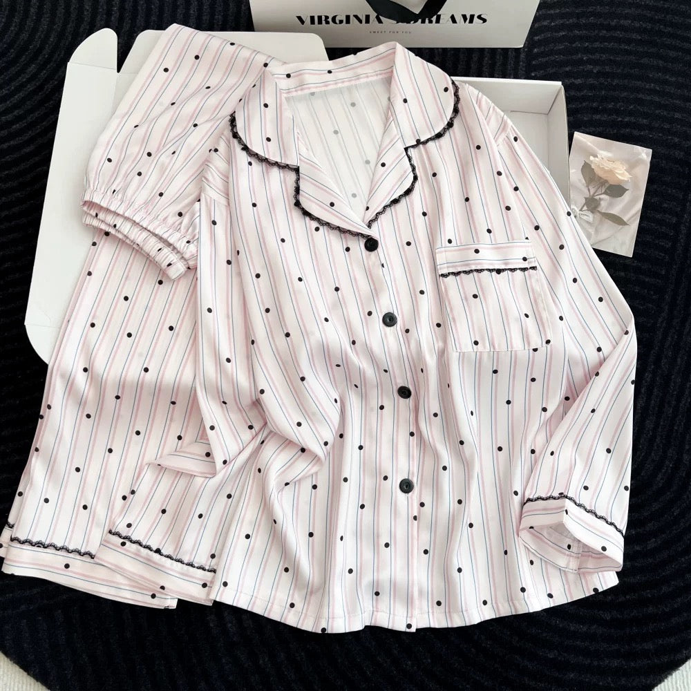 Tailored Stripe & Dot Satin Padded Nightsuit - 3pc Set