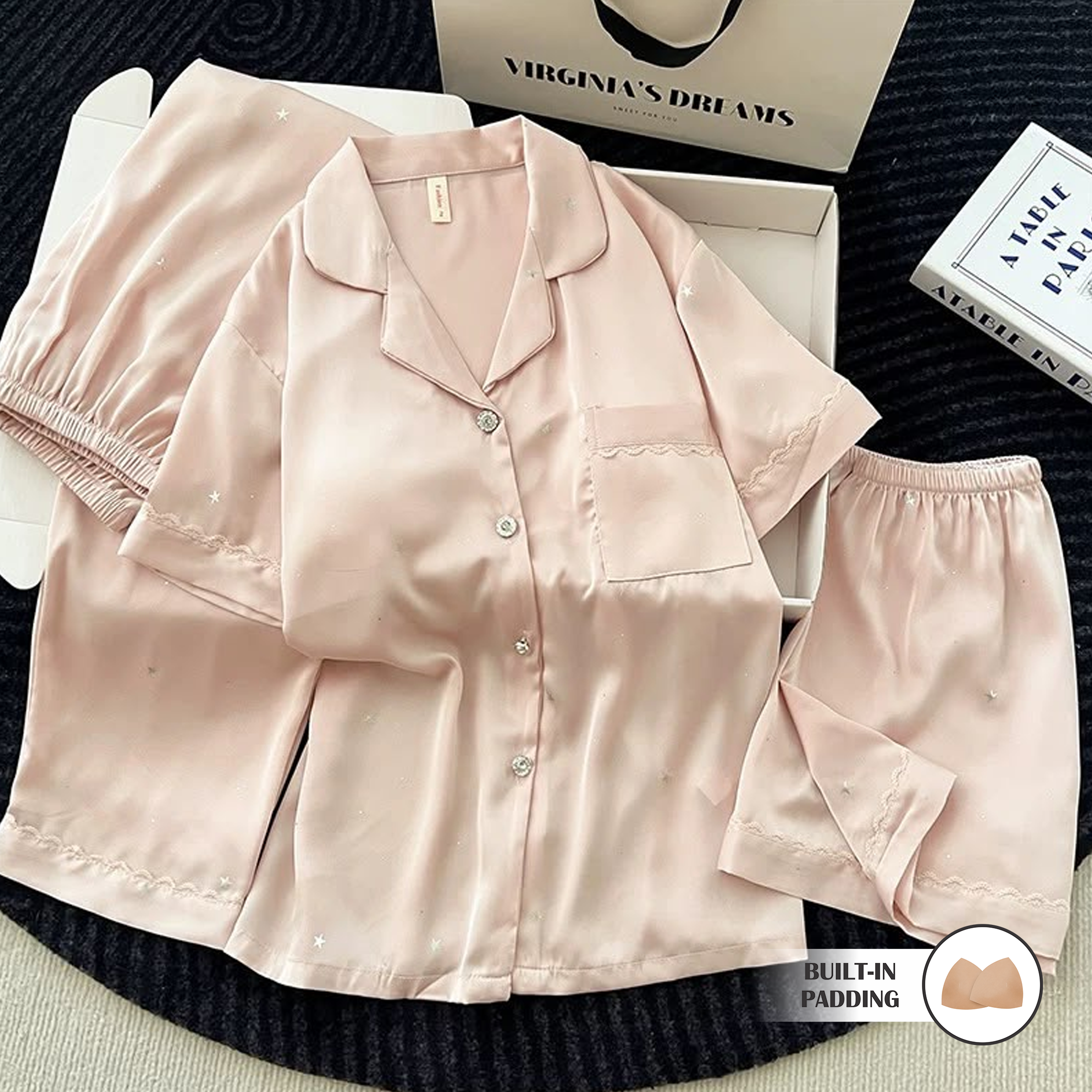 Milky Satin Padded Nightsuit - 3pc Set