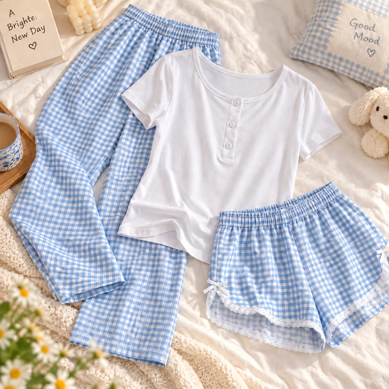 Dainty Check Padded Nightsuit - 3pc Set