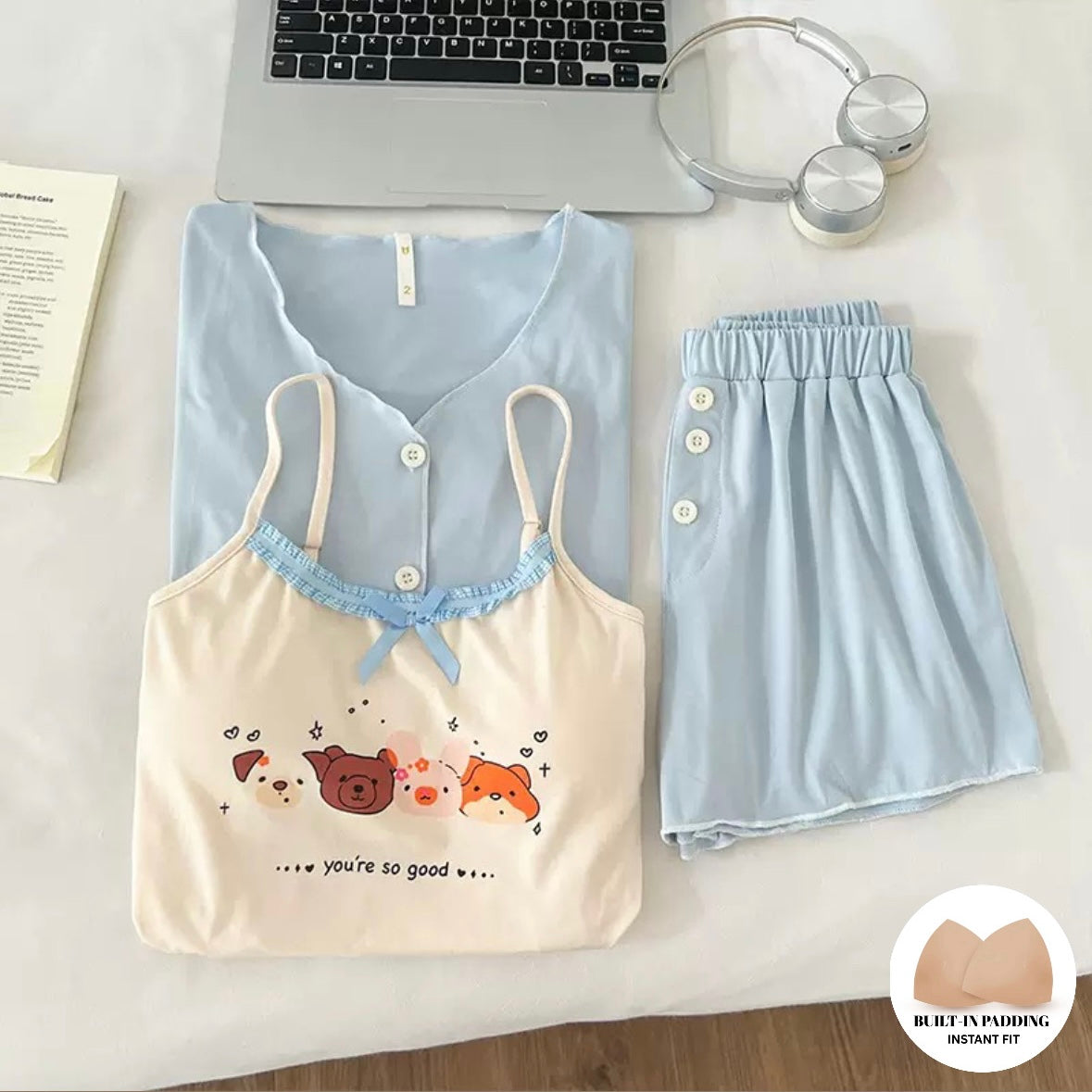 Blue Cuddles Padded Nightsuit Set - 3pc Set
