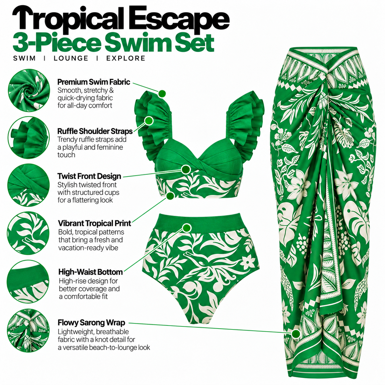 Sunfene Green Swimsuit with Sarong