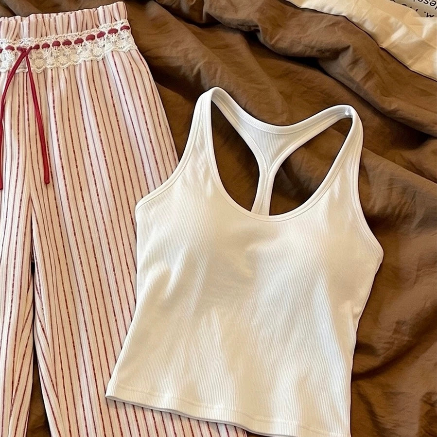 Blush Stripe Lace-Trim Padded Lounge Set