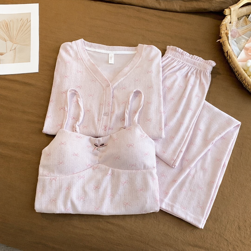 Cloudkiss Bow Padded Nightsuit - 3Pc Set