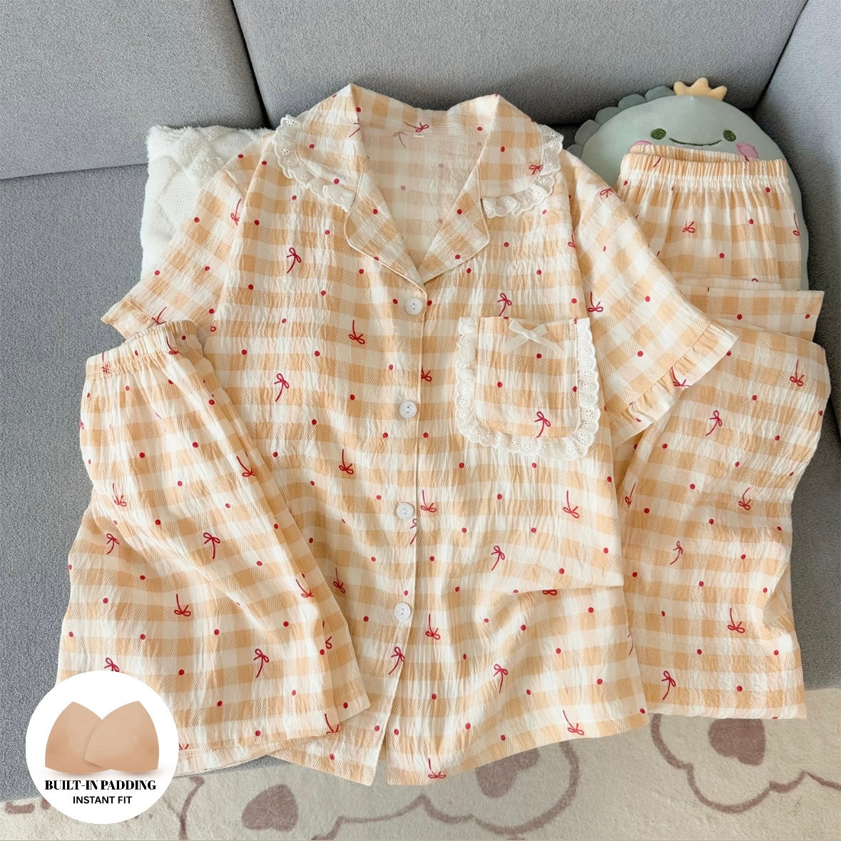 Aesthetic Bow Gingham Padded Nightsuit -3pcs Set