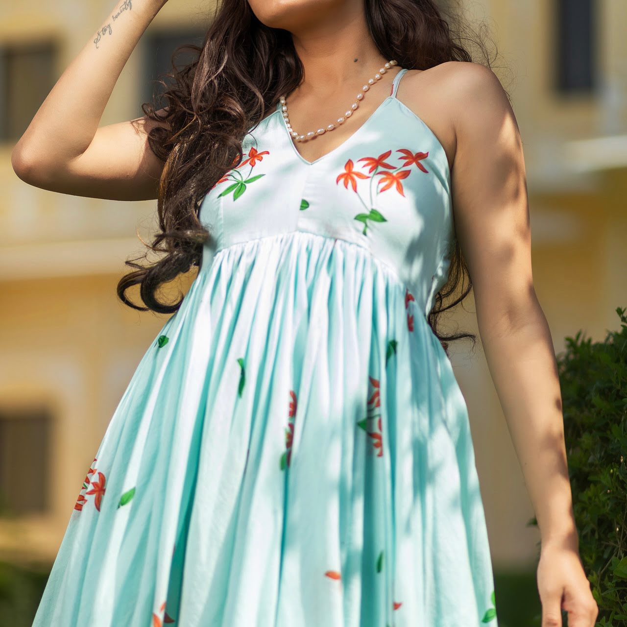 Aqua Flora Handblock Cotton Dress