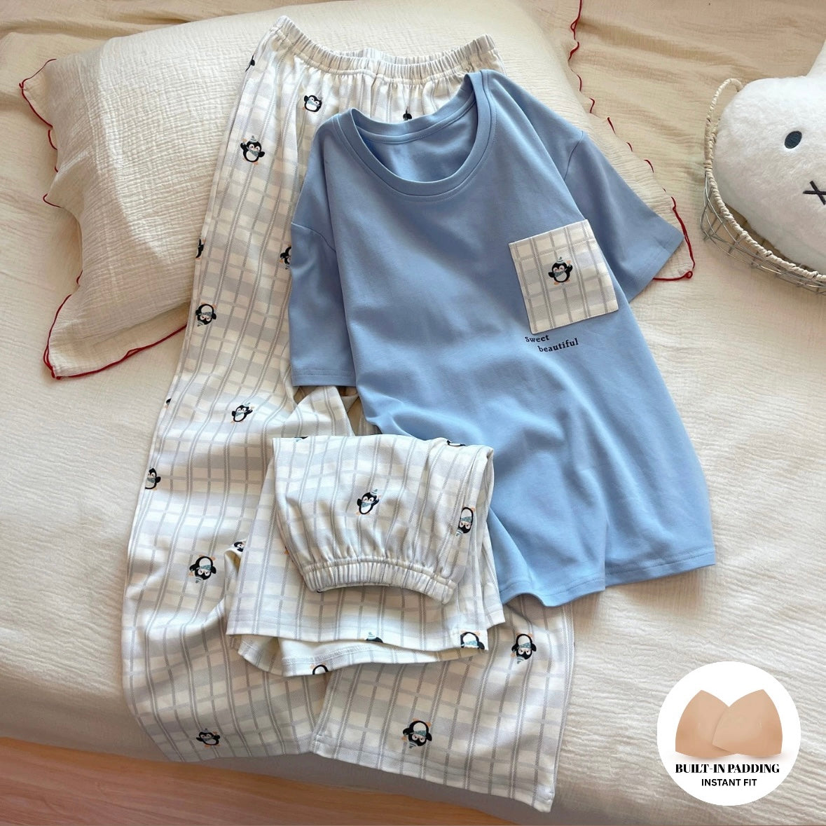 Penguin Plaid Padded Nightsuit Set - 3pc Set