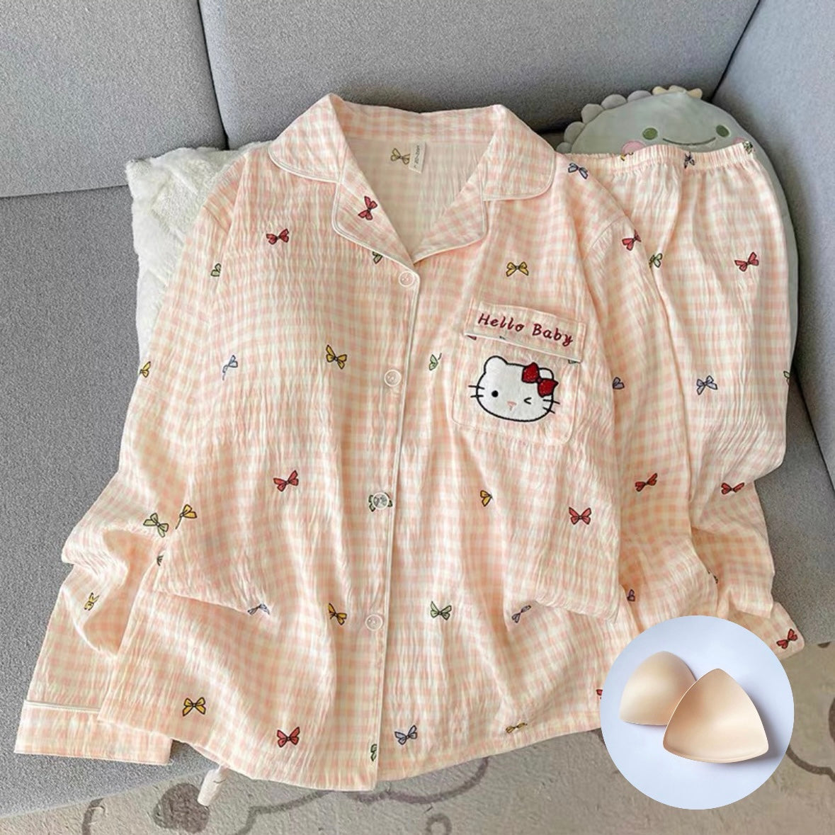 Kitty Bow Plaid Padded Nightsuit Set