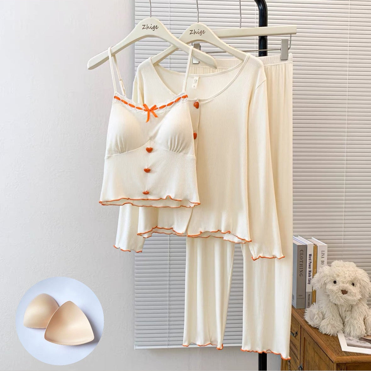 Creamy Heart Padded Nightsuit - 3pc Set