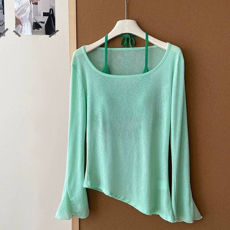 Airkiss Summer Built-in Bra Top With Sheer Tee