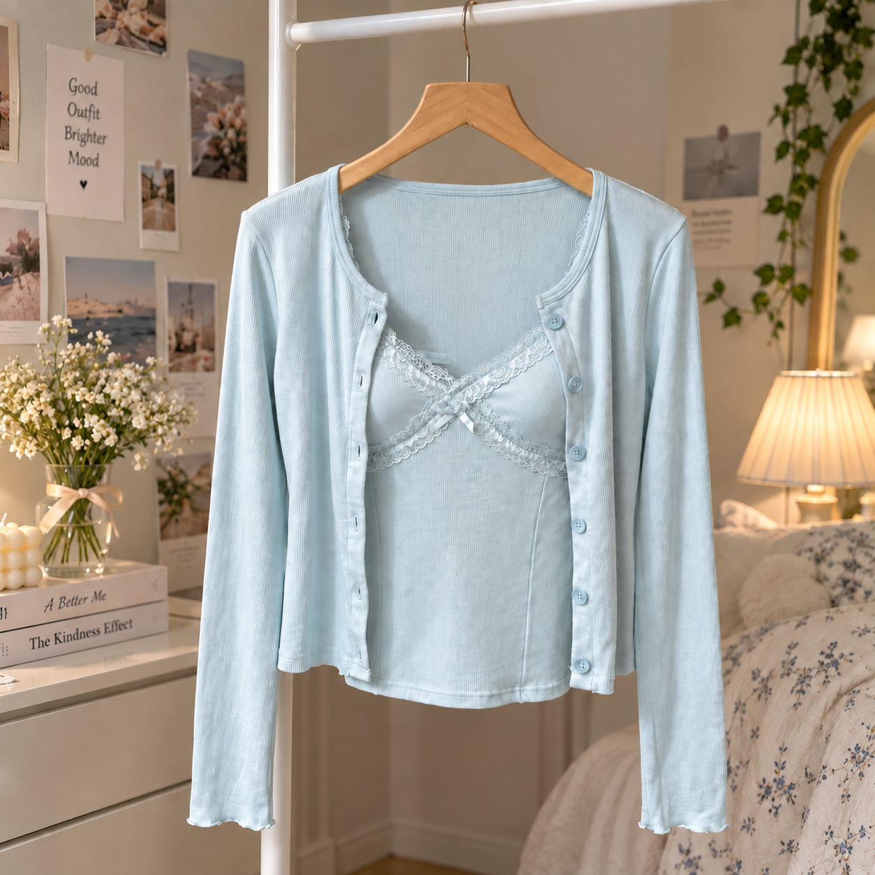 Sweetheart Lace Trim Built-in Cami With Cardigan