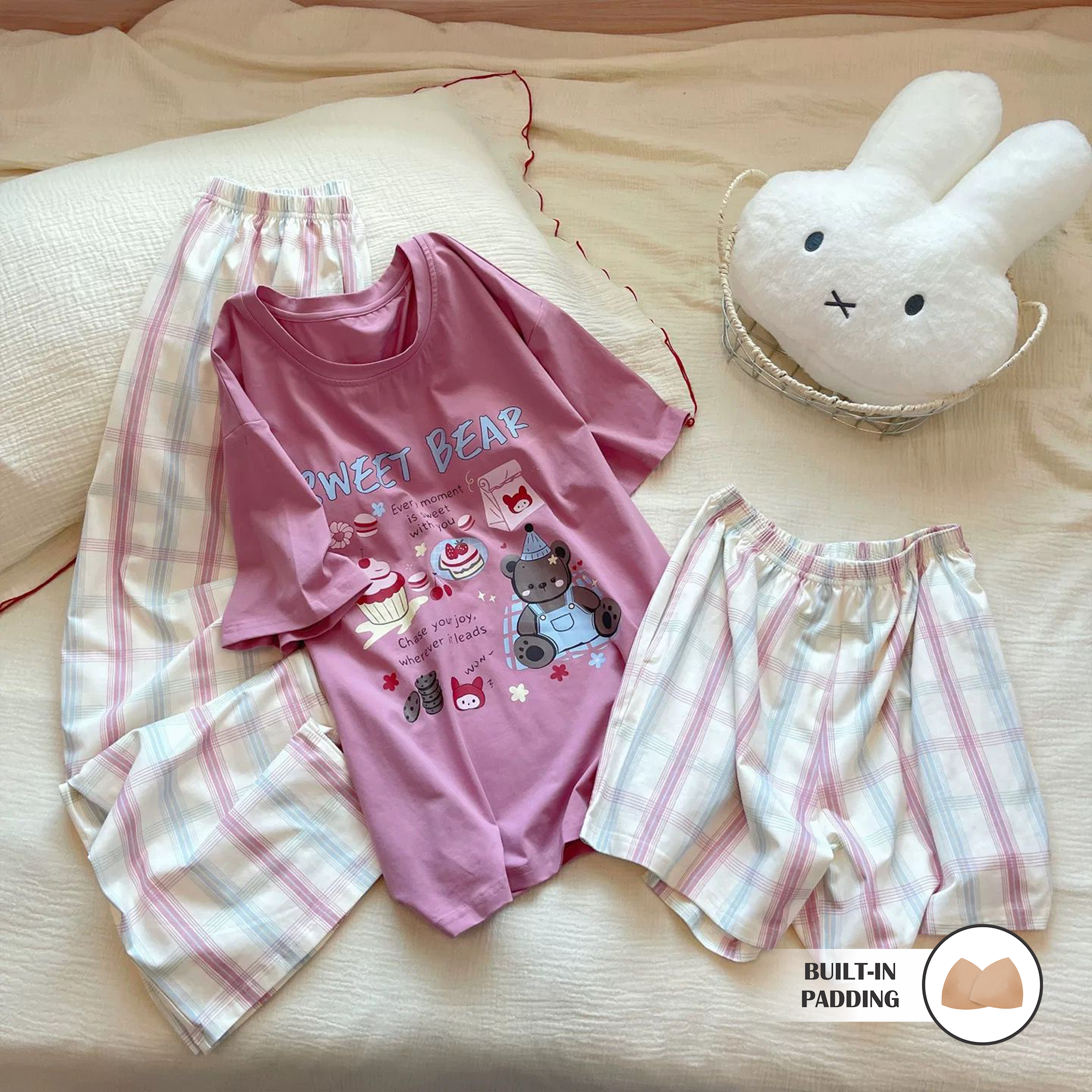 Pastry Pink Plaid Padded Nightsuit- 3pc set
