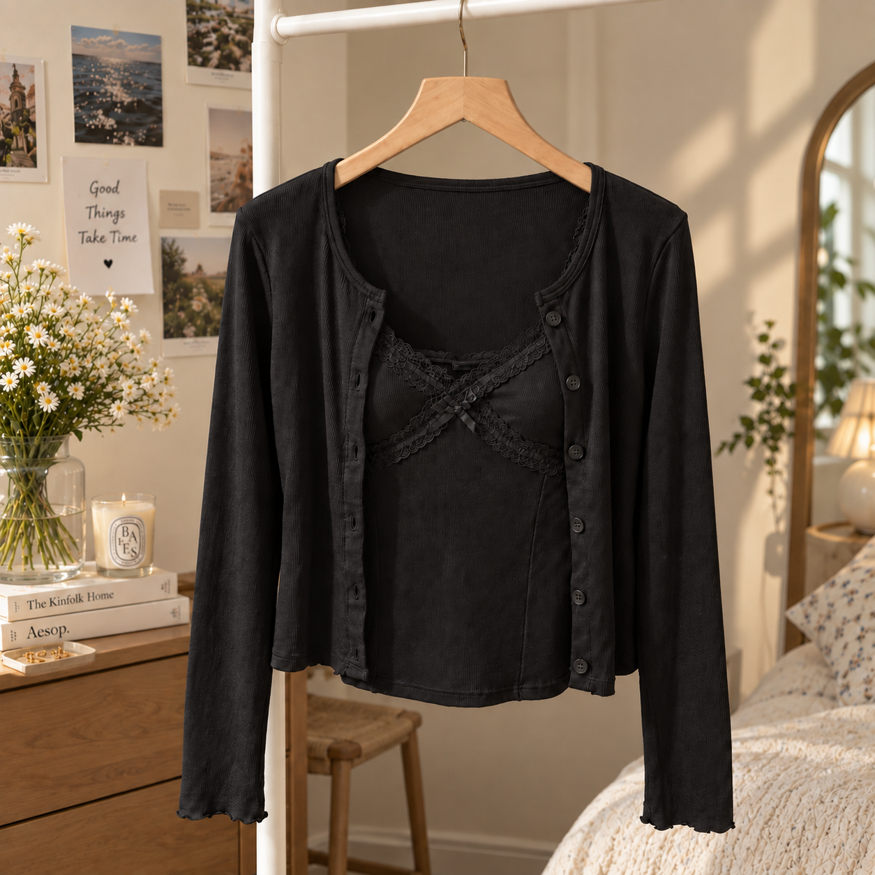 Sweetheart Lace Trim Built-in Cami With Cardigan