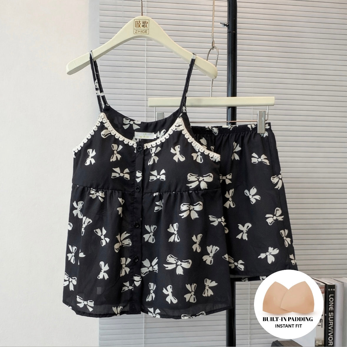 Cute Bow Black Padded Nightsuit Set