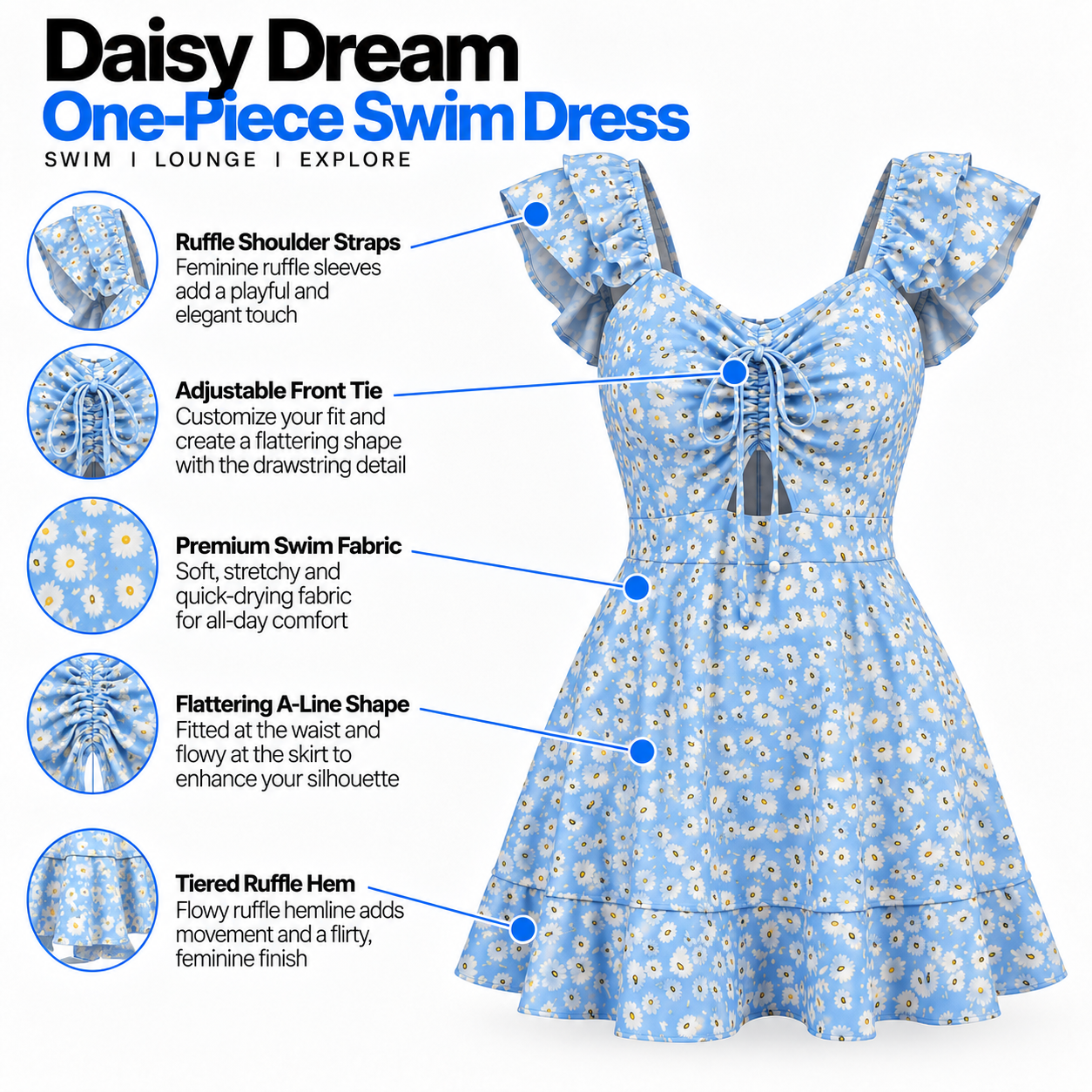 Blue Daisy Ruffle One-Piece Swimsuit
