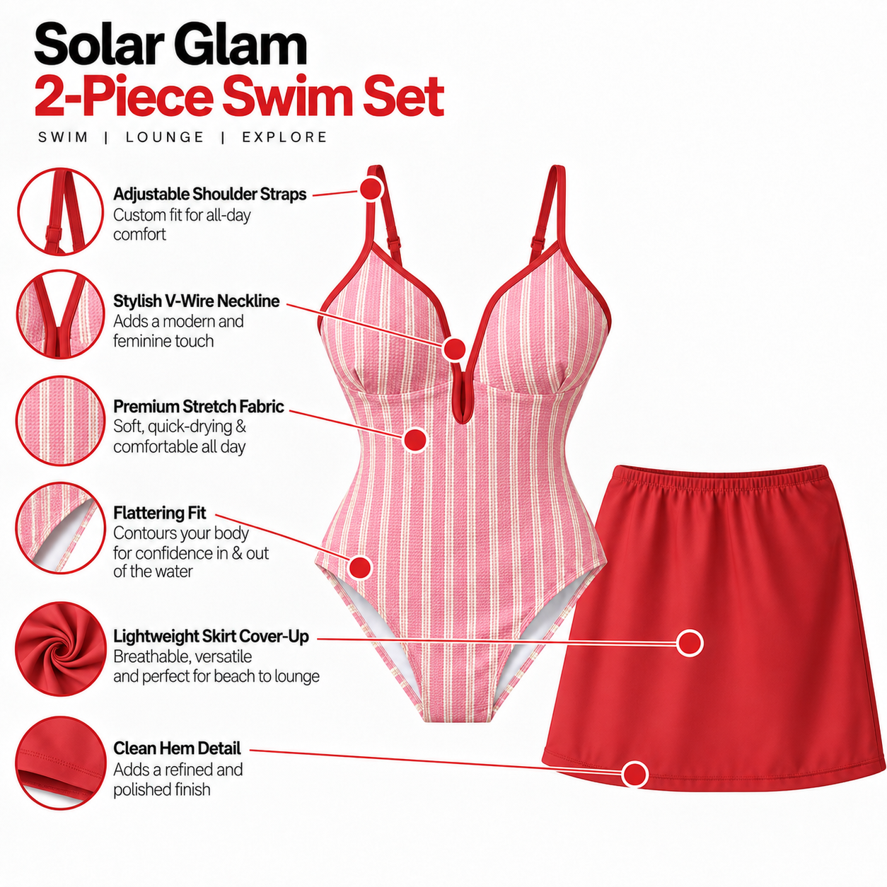 Rose Stripe Monokini With Skirt Set