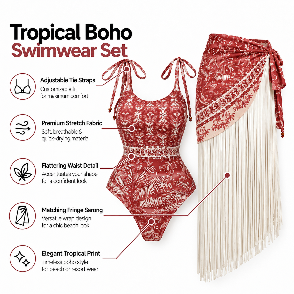Blush Mirage Fringe Monokini With Sarong Set